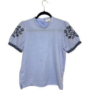 Loft Loose Fit Cottagecore Puff Short Sleeve top embroidered chambray navy small